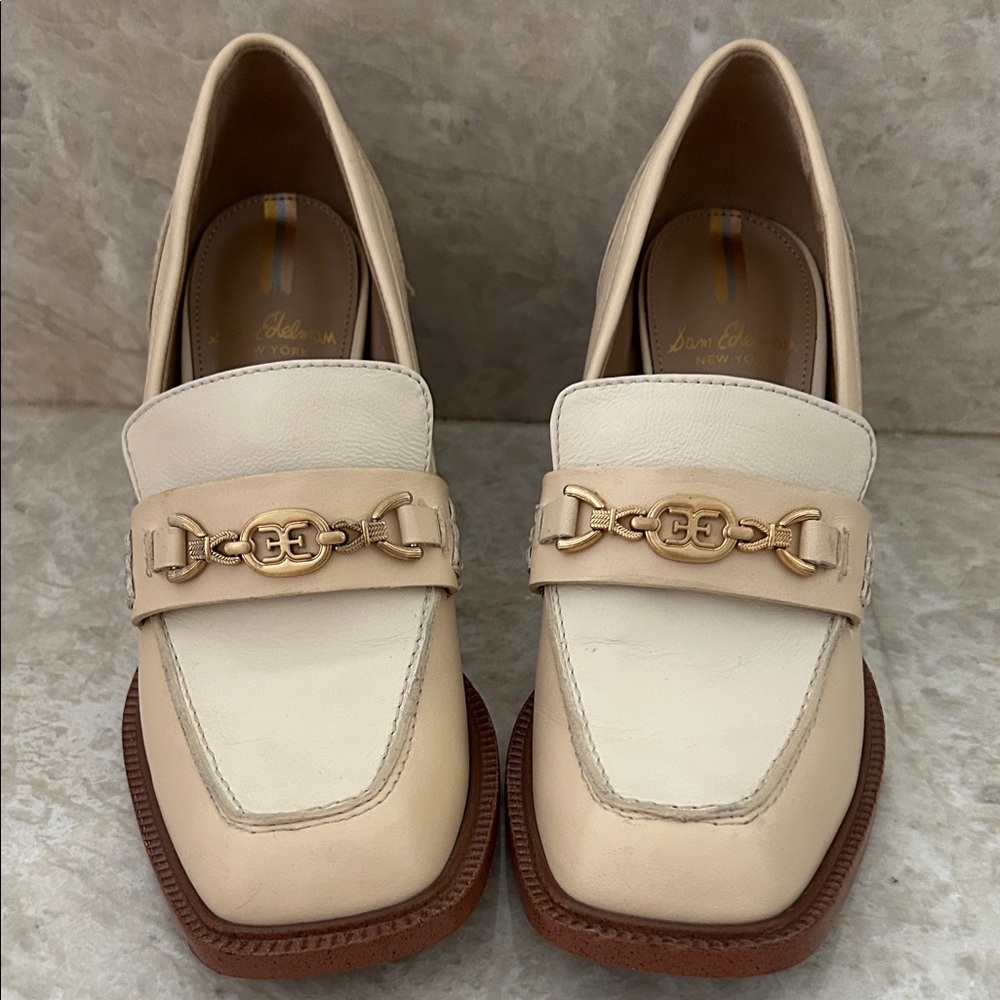 Sam Edelman Cream Loafers with Gold Chain Detail